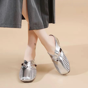 百搭舒适软底懒人一脚蹬凉拖鞋 休闲轻便镂空穆勒鞋 包头拖女生时尚