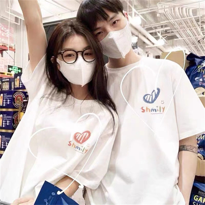 2025新款纯棉短袖男女情侣装t恤正肩体恤上衣小众设计感爱心字母