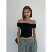 黑色一字肩网纱t恤女短款 ousph 现货6折 气质性感收腰辣妹上衣