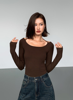 ousph【现货6折】黑色针织长袖打底衫t恤女修身辣妹气质挂脖上衣