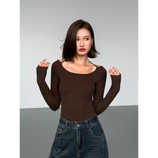 t恤女修身 ousph 打底衫 黑色针织长袖 辣妹气质挂脖上衣 现货6折