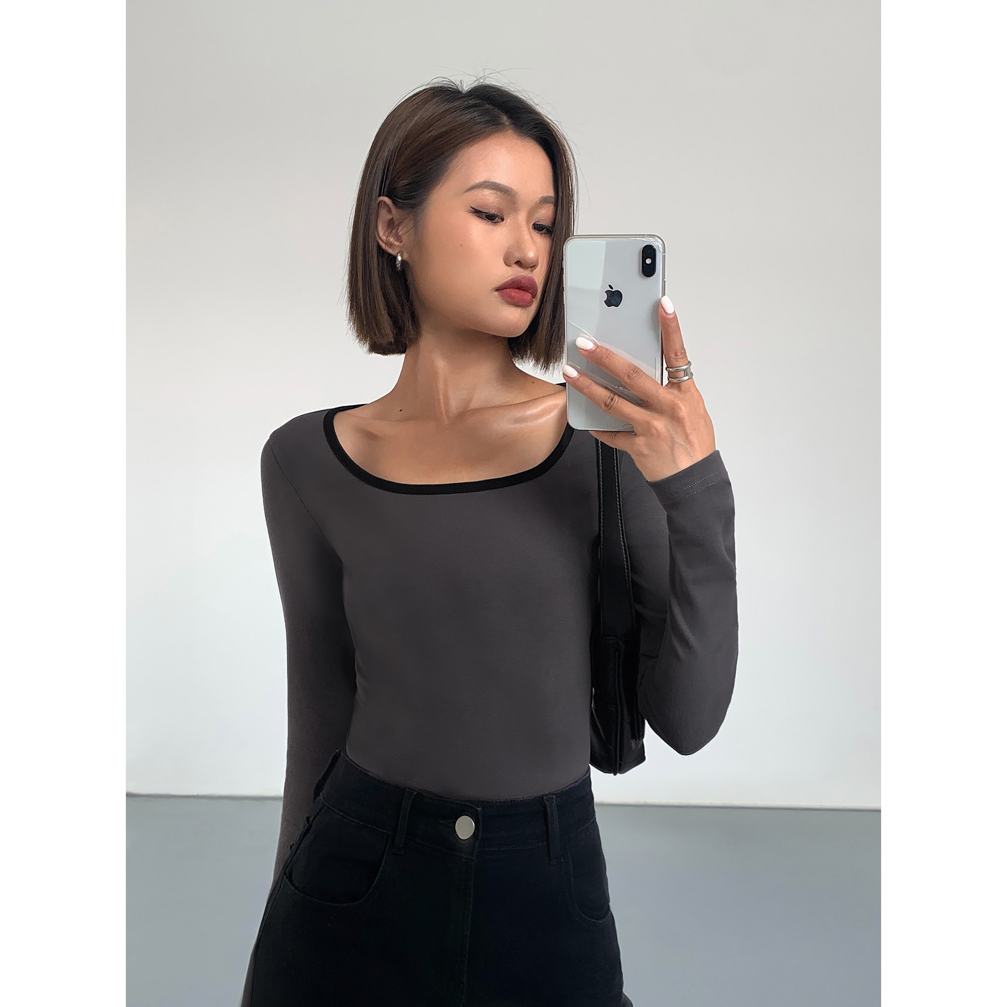 黑白撞色方领套头针织衫T恤