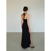 法式 ousph 现货7折 黑色绑带V领系脖长裙女开叉露腿性感连衣裙