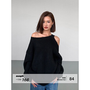 打底毛针织衫 长袖 女外穿宽松灰斜露肩设计感上衣 现货5折 ousph