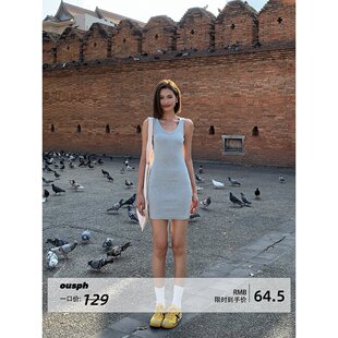 浅紫气质法式 ousph 背心连衣裙女修身 针织V领无袖 短裙 现货5折