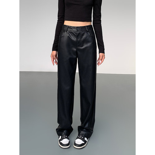 百搭宽松高腰皮裤休闲裤