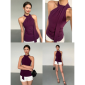 ousph 针织吊带 挂脖上衣女收腰褶皱设计修身 现货7折 飘带无袖