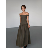 ousph 设计感性感辣妹气质 棕色一字肩连衣裙女修身 现货6折 长款