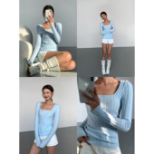 现货6折 黑色毛织长袖 方领打底衫 ousph 女修身 米白外穿休闲上衣