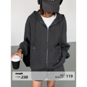 灰色连帽拉链开衫 ousph 现货5折 卫衣女宽松百搭抽绳收口外套