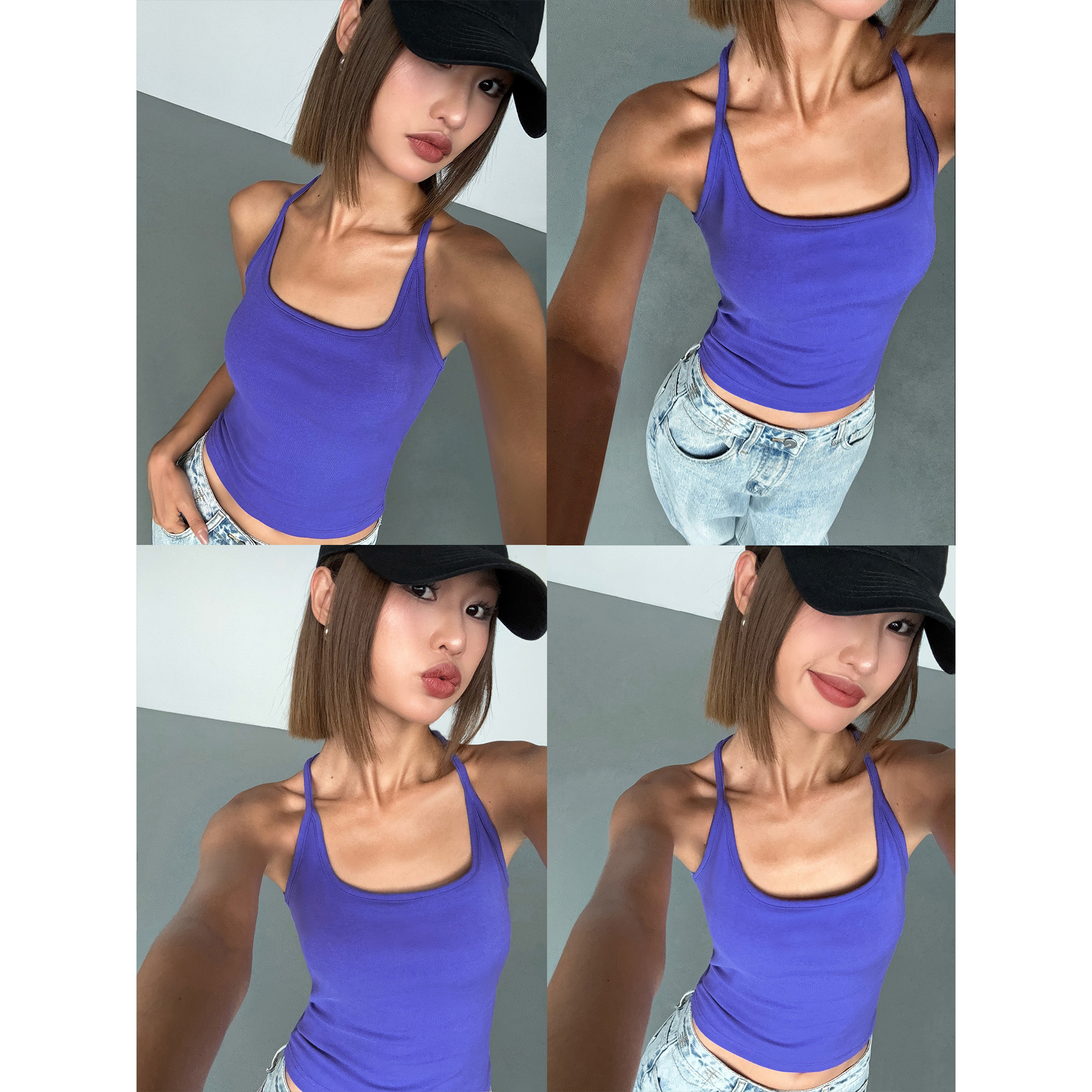 ousph运动新款针织黑色背心女夏季美式蓝紫色性感修身吊带灰上衣