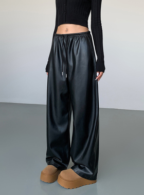 ousph【现货6折】黑色阔腿宽松皮裤女秋高腰运动机动车休闲PU长裤