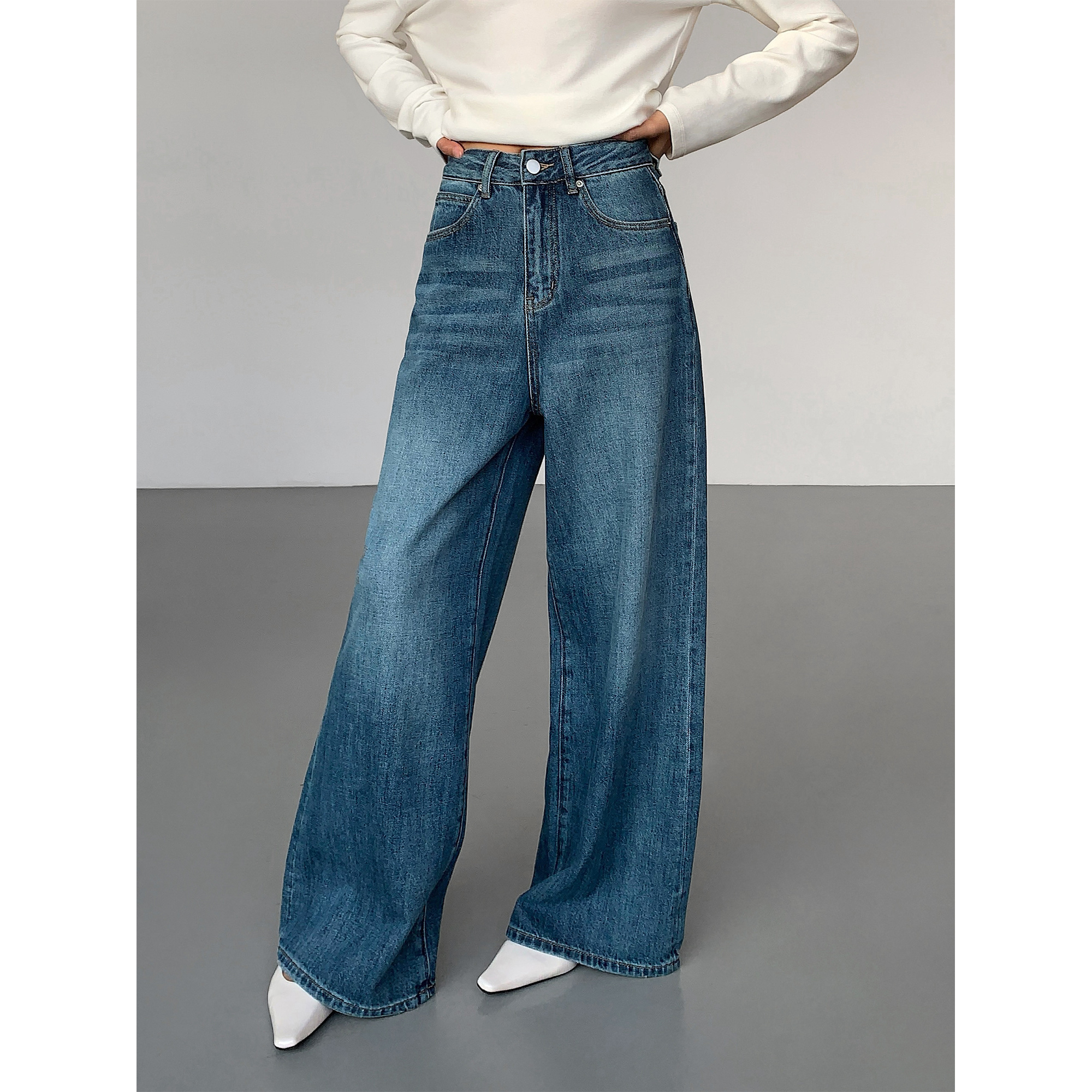 深蓝色阔腿宽松牛仔裤女秋冬新款