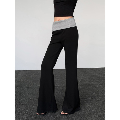 针织撞色假两件喇叭裤女设计感