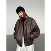 宽松皮衣外套女加棉厚短款 ousph 现货6折 咖啡拉链设计感夹克