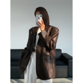 ousph咖啡色复古皮衣西装 领外套女秋款 休闲黑色高级感宽松机动车