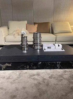 中古天然黑玫瑰大理石茶几高级感意式极简长方形茶几现代轻奢客厅