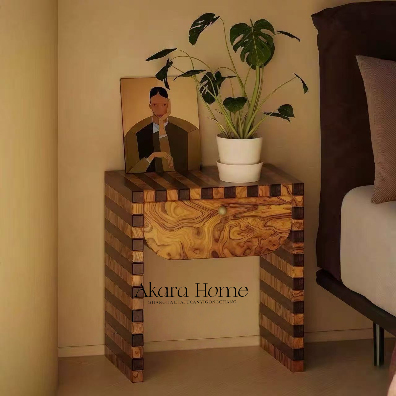 中古风实木条纹床头柜简约轻奢设计师款家用卧室床边柜床头储物柜