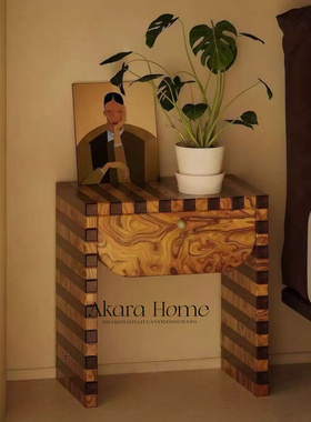 中古风实木条纹床头柜简约轻奢设计师款家用卧室床边柜床头储物柜