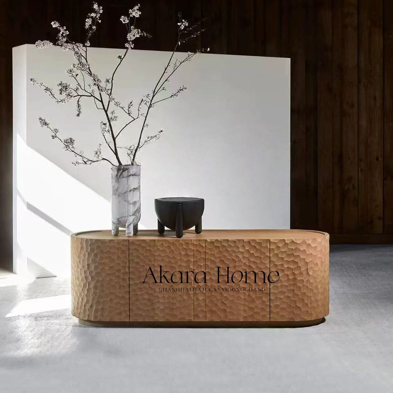 中古侘寂风实木立体雕刻电视柜设计师家用原木风储物餐边柜玄关柜