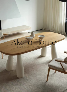 中古法式椭圆形实木餐桌侘寂风家用简约洽谈桌北欧设计师奶油风桌