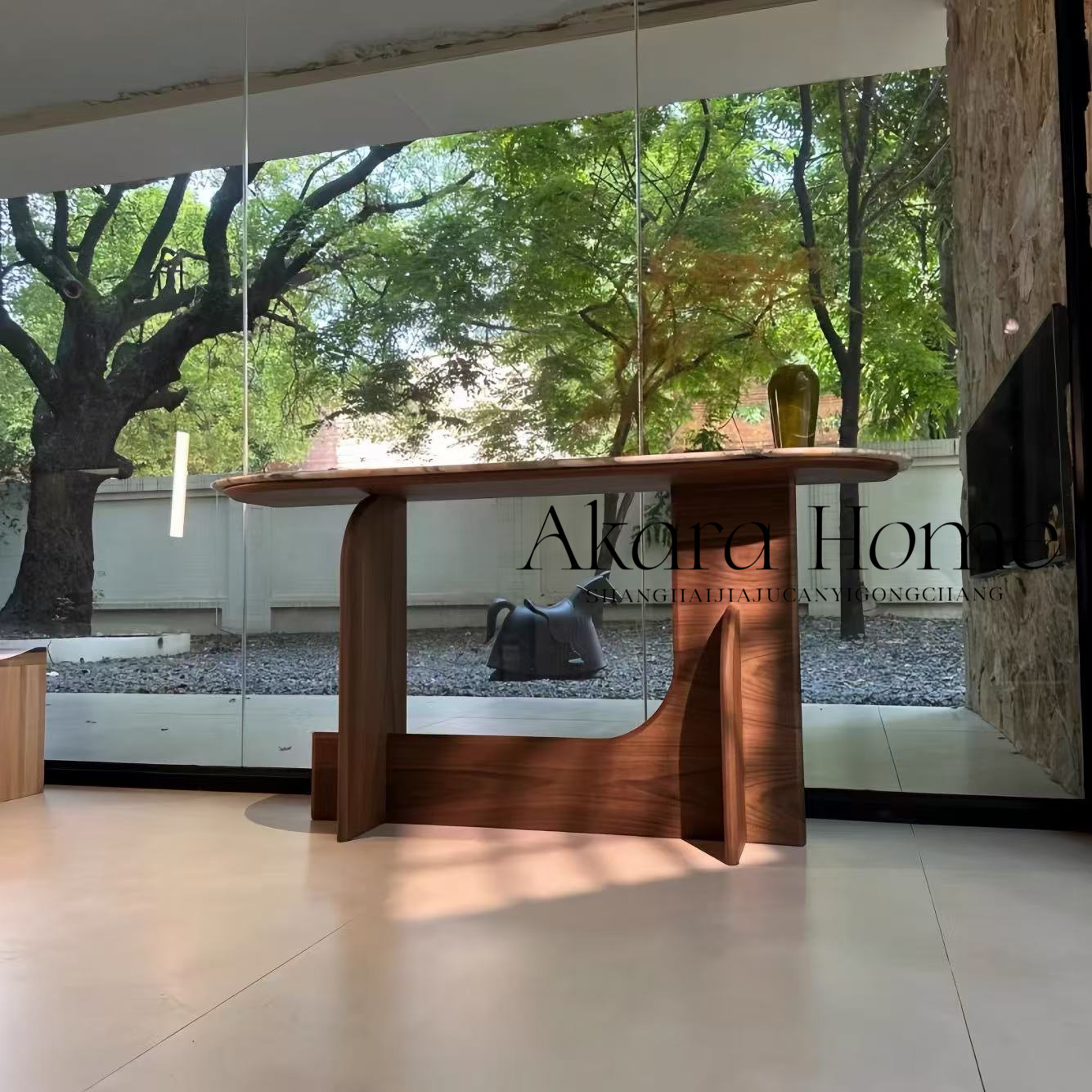 中古风实木玄关台复古轻奢风天然大理石设计师家用客厅入户玄关桌