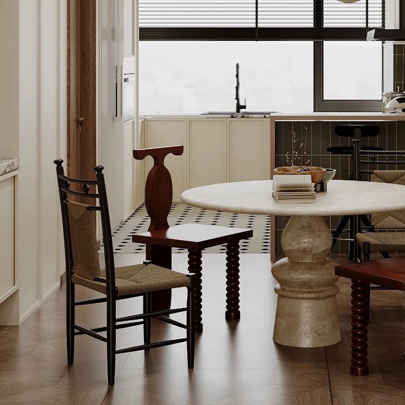 网红中古实木编藤餐椅设计师法式复古草藤书桌椅民宿咖啡厅休闲椅