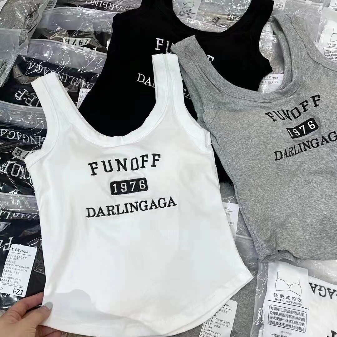 3620长款纯棉背心女带胸垫字母刺绣外穿百搭辣妹打底舒适圆领背