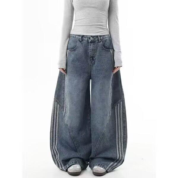 美式复古水洗解构弯刀牛仔裤阔腿设计三条条纹拼接宽松牛仔裤男款