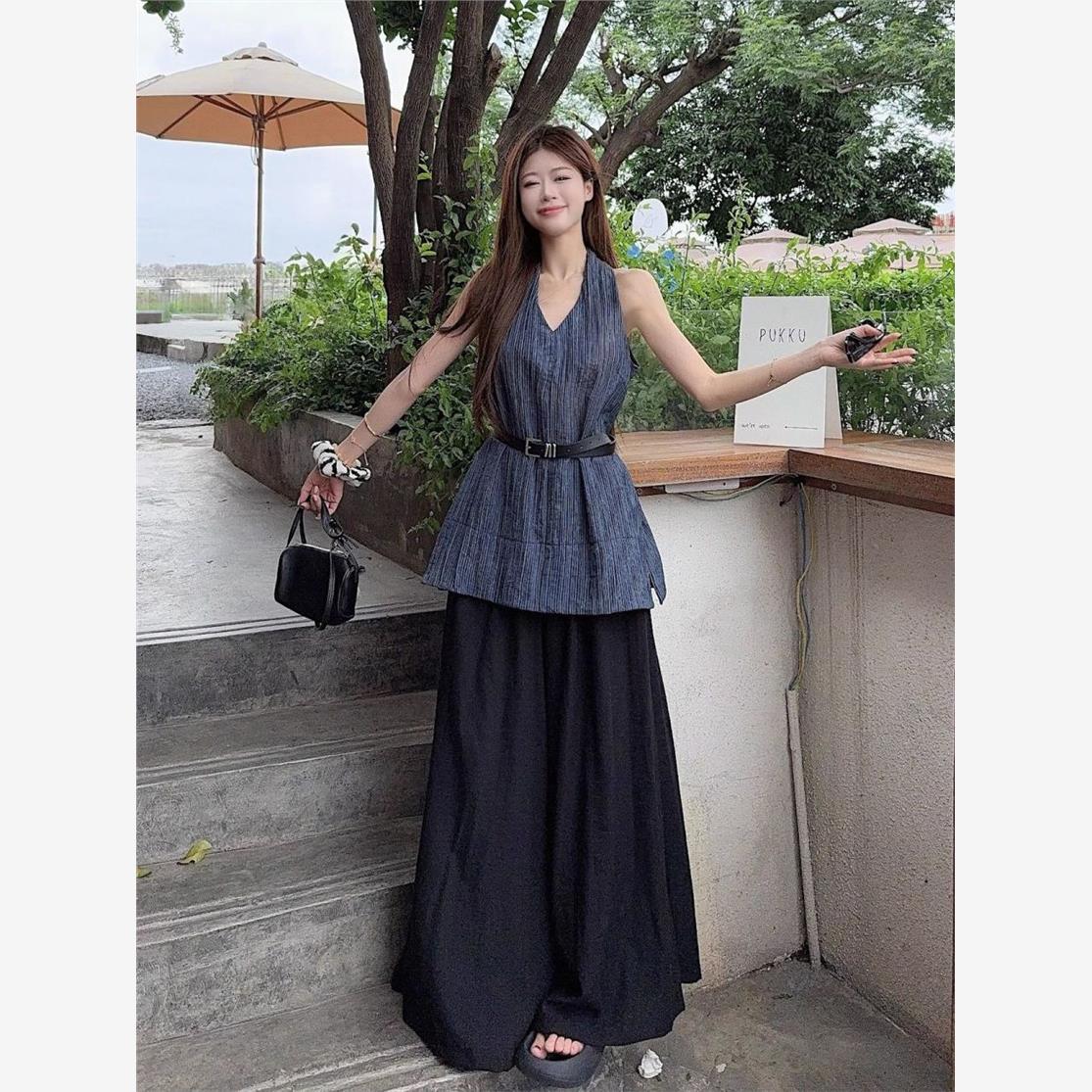 套装慵懒风宽松背心女夏季新款竖条纹宽松开叉无袖上衣阔腿裤子