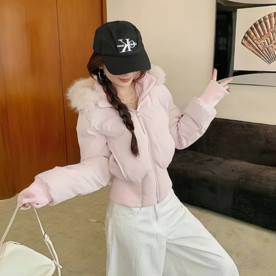 2025冬季新款粉色毛领羽绒棉服短款收腰显瘦百搭减龄保暖棉袄外套