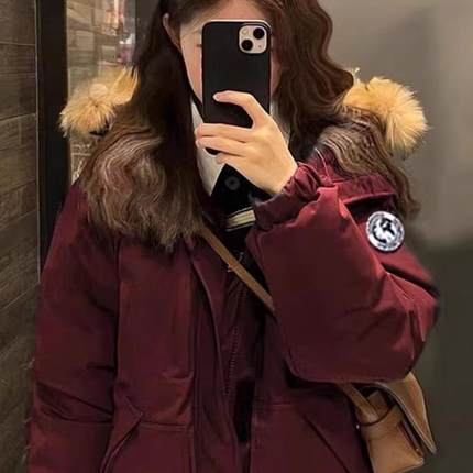 安哥拉红羽绒棉服女工装派克服2024年冬季新款短款小个子棉袄外套