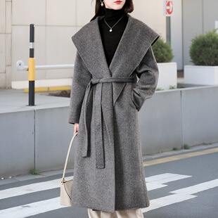 时尚朗姿2025秋冬新款连帽双面羊绒大衣女休闲中长款毛呢外套显瘦