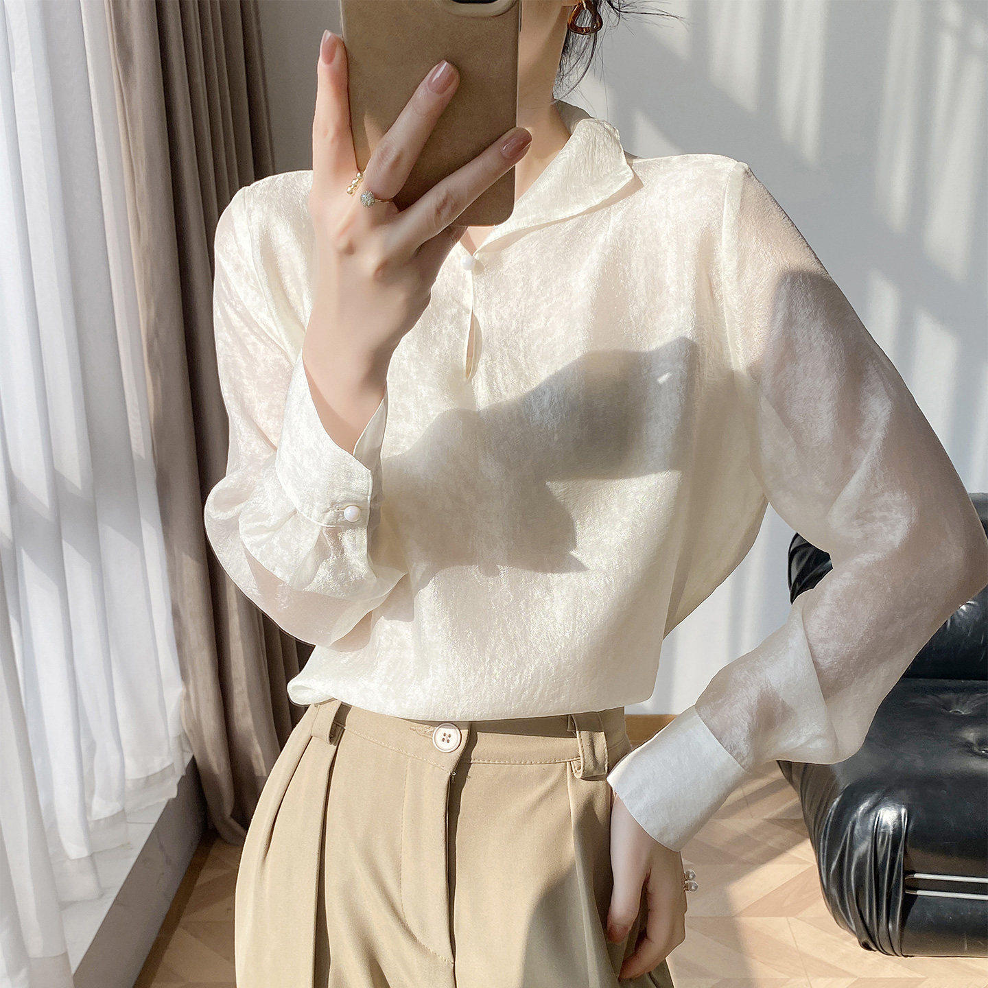 时尚朗姿夏季真丝衬衫女长袖POLO领米白色轻熟风新中式国风上衣