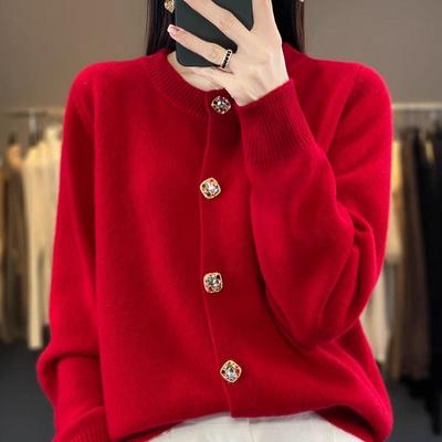 时尚朗姿红色加厚山羊绒开衫毛衣