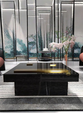 轻奢大理石茶几后现代设计师钢化玻璃方形小户型家用客厅整装茶台