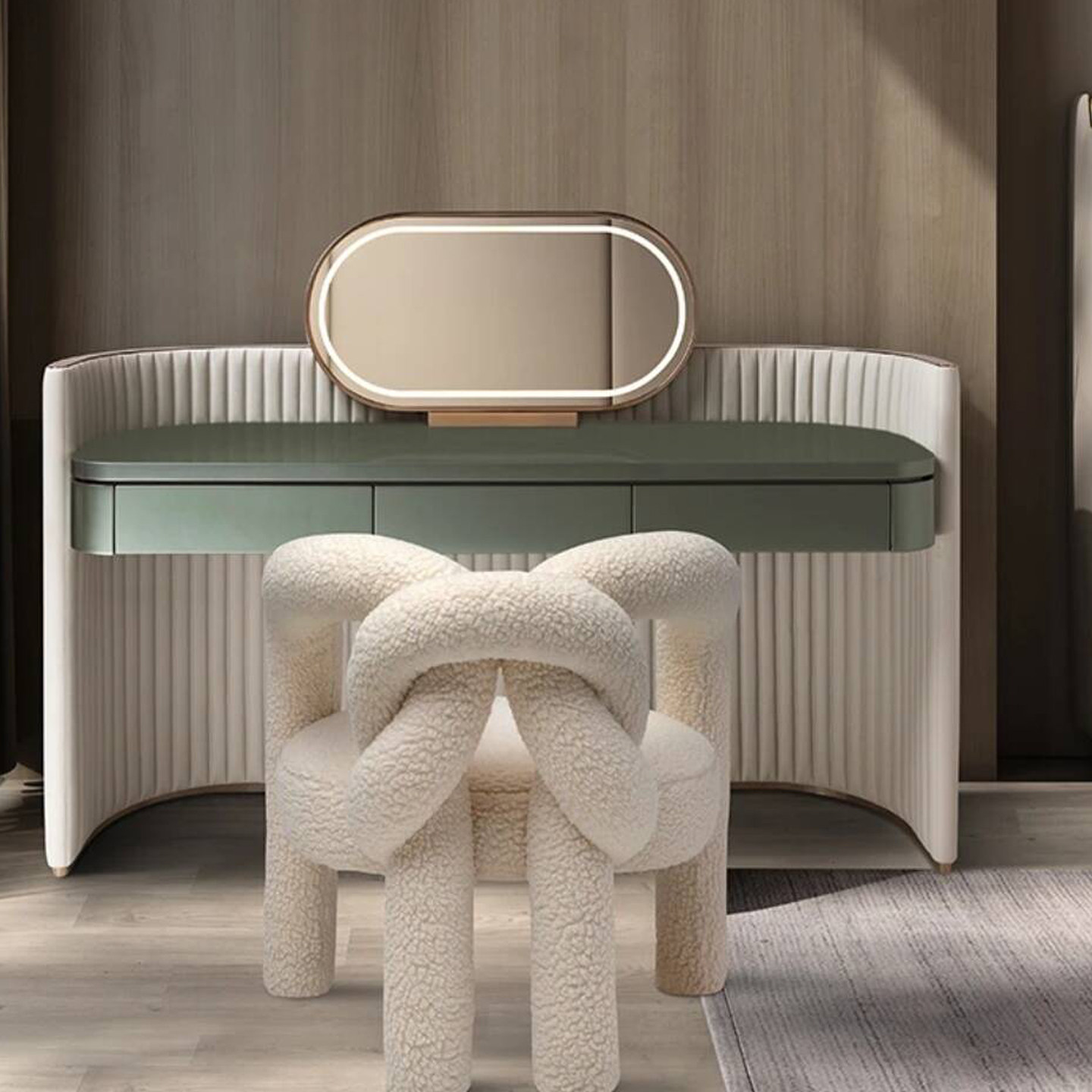 轻奢弧形梳妆台不锈钢带灯化妆镜包边超纤皮高级感卧室收纳化妆桌,住宅家具,梳妆台/桌,淘宝优惠券,粉丝福利购,淘宝优惠卷