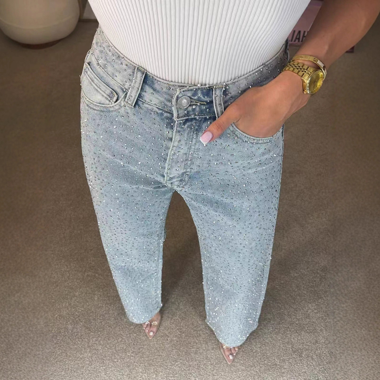 女满钻水洗高腰直筒辣妹牛仔裤 High Waist Rhinestone Jeans