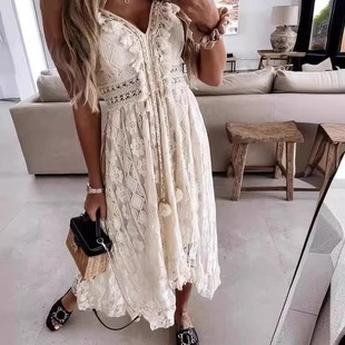Sexy high 性感蕾丝镂空大摆吊带连衣裙 lace dress hem halter