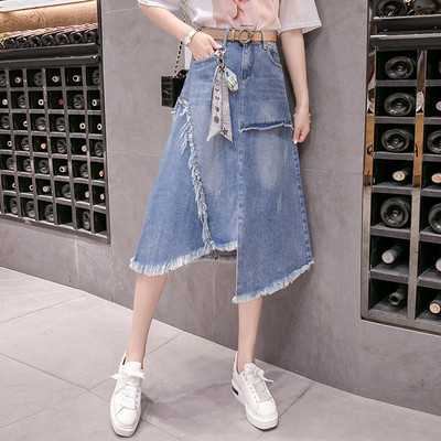 Irregular Design Frayed Denim Skirt不规则设计毛 边牛仔半身裙