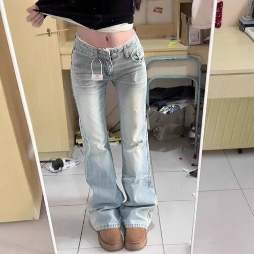 欧美风浅色蕾丝拼接低腰马蹄裤