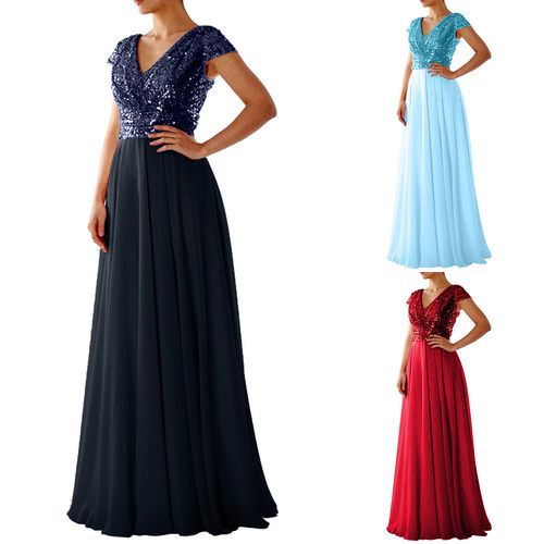 V领亮片雪纺晚礼服长裙