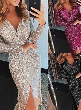 烫金长袖V领收腰礼服裙 Bronzed Long Sleeve V-Neck Slit Dress