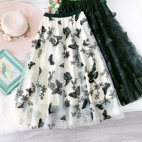 Butterfly-embroidered mesh tutu skirt女士蝴蝶绣花网纱蓬蓬裙