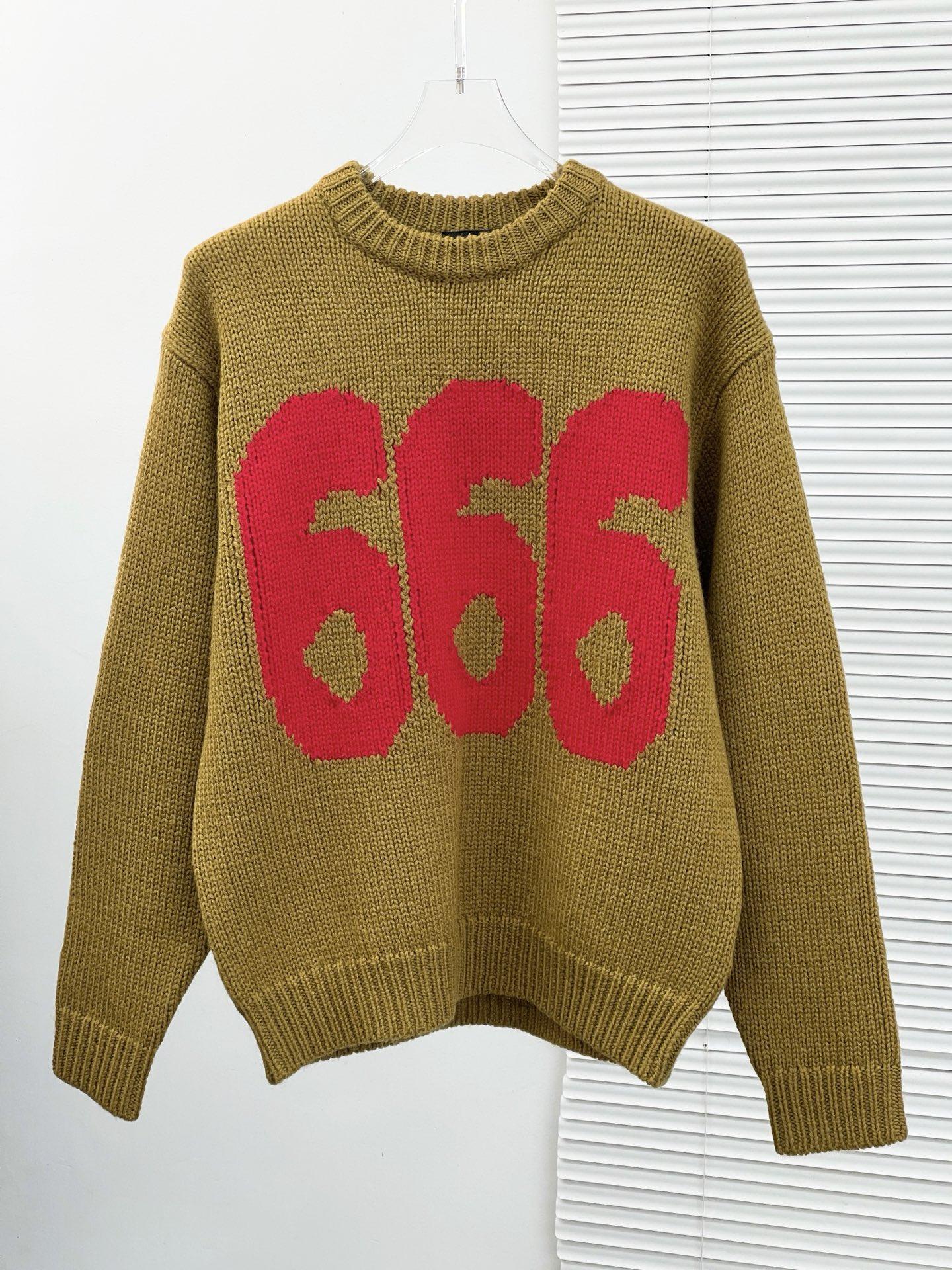 【木】正确版 2025秋冬新款潮牌666数字提花宽松圆领套头羊毛毛衣