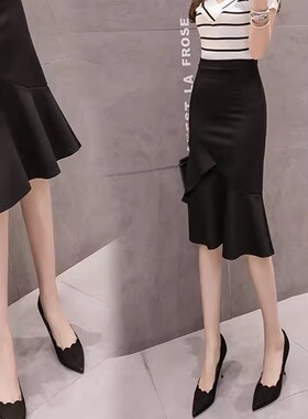 Black elastic ruffled fishtail skirt红色弹力荷叶边鱼尾半身裙