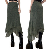 green dark patterned 复古绿暗纹雪纺半身裙Retro chiffon skirt