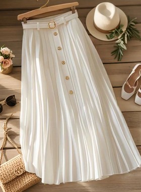 Buttons embellished the pleated skirt纽扣装饰白色高腰 百褶裙