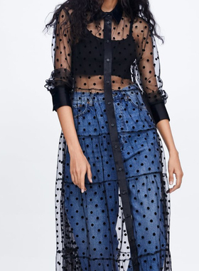 Dot Mesh See-Through Long Shirt Dress圆点网纱透视 长款衬衫裙
