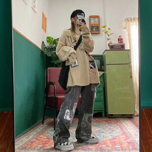 Ladies Vintage Print Easy-Matched Jeans女复古印花直筒牛仔裤